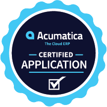 Acumatica Certified Application Badge. It is a round blue and black badge with 'certified application' in the center.